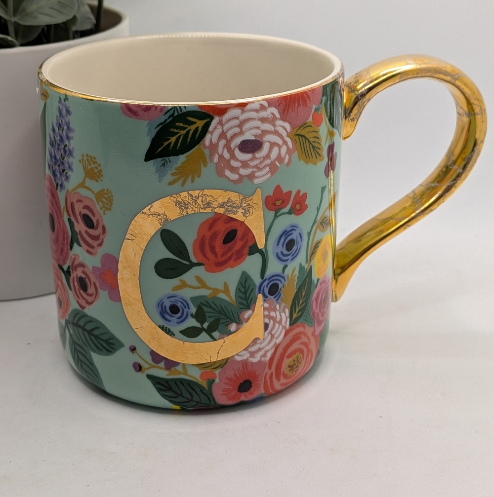 Anthropologie‎ Floral Initial "C" Mug with Gold Handle